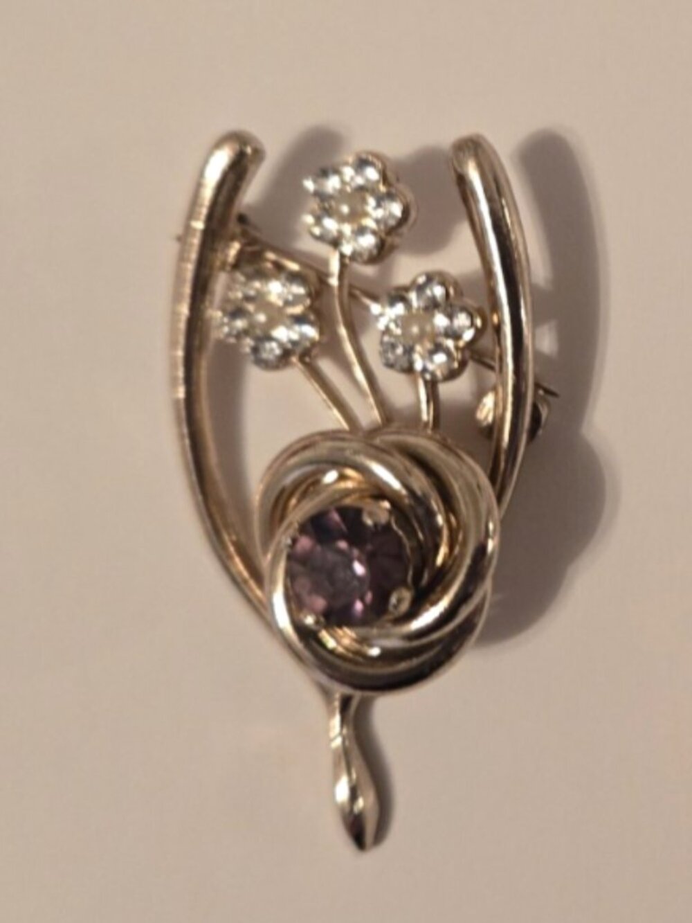 VTG Gold Tone Wishbone Floral Brooch Pin Purple & Clear Rhinestones Lucky 1.25"